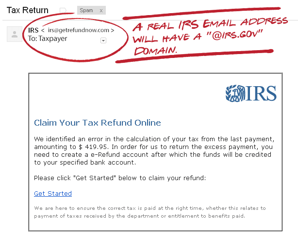 A phishing email claiming to be from the IRS
