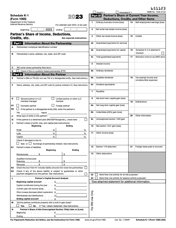 2023 Schedule K-1 Tax Form (Form 1065)
